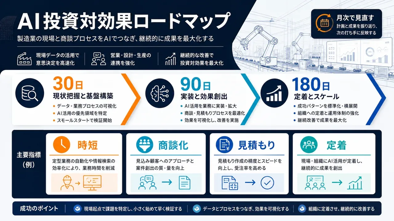 製造業のAI投資対効果を時短・商談化・見積もり・定着で見るロードマップ図